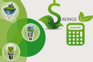 a graphic that says savings, and has a calculator and lightbulbs that look like there is earth and trees in them