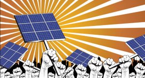 a crowd of hands holding up picket signs that look like solar panels